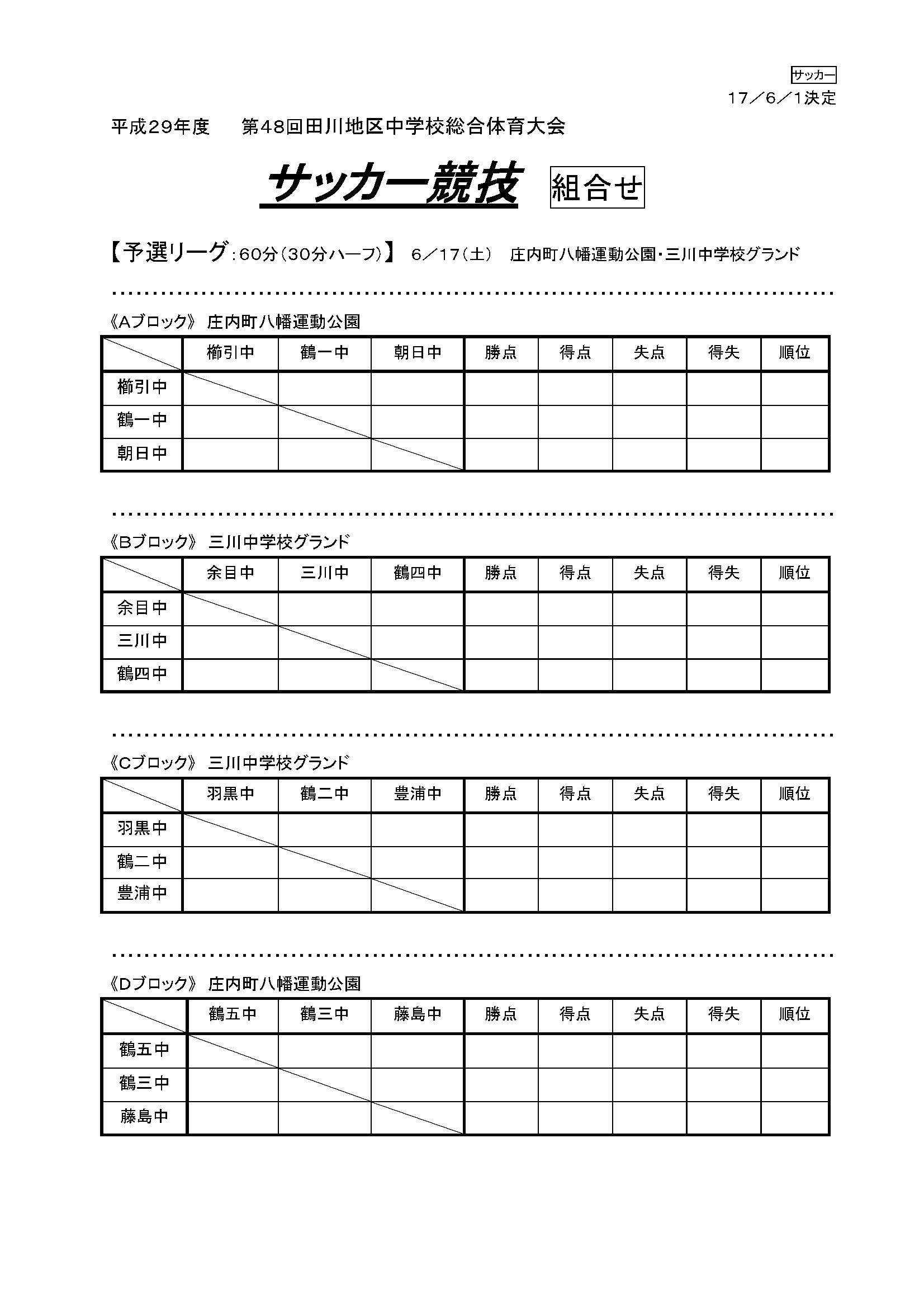 17年度 山形県 第48回田川地区総合体育大会サッカー競技結果掲載 櫛引中 鶴岡二中が県大会へ ジュニアサッカーnews