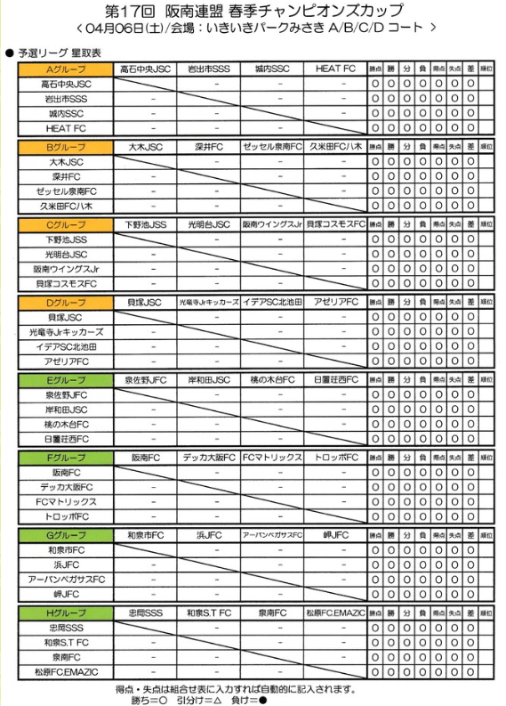 大阪少年サッカー応援団 みんなのnews 組合せ掲載 阪南チャンピオンズカップu 12 4 6 7開催