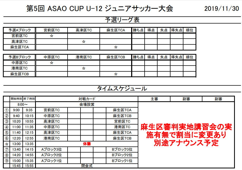 19年度第5回 Asao Cup U 12 ジュニアサッカー大会 組合せ掲載 11 30開催 神奈川 ジュニアサッカーnews