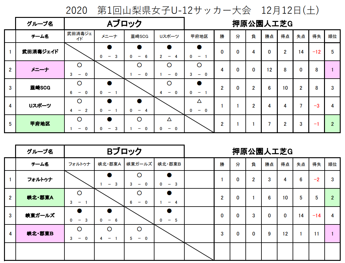 年度 第1回山梨県女子u 12サッカー大会 優勝はメニーナ 峡北 郡東b ジュニアサッカーnews