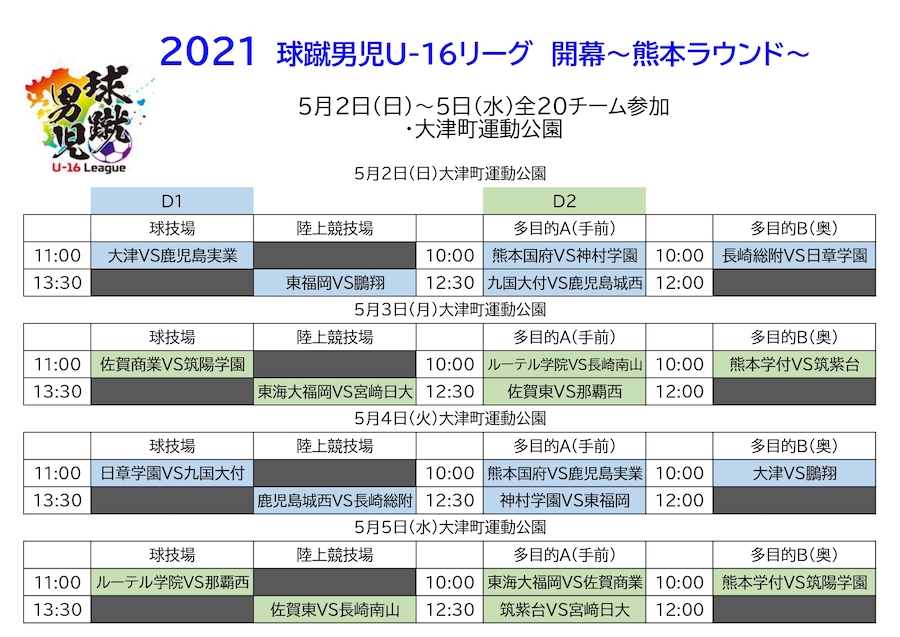 21年度 球蹴男児u 16リーグ 組合せ 日程掲載 5 2 5開催 ジュニアサッカーnews