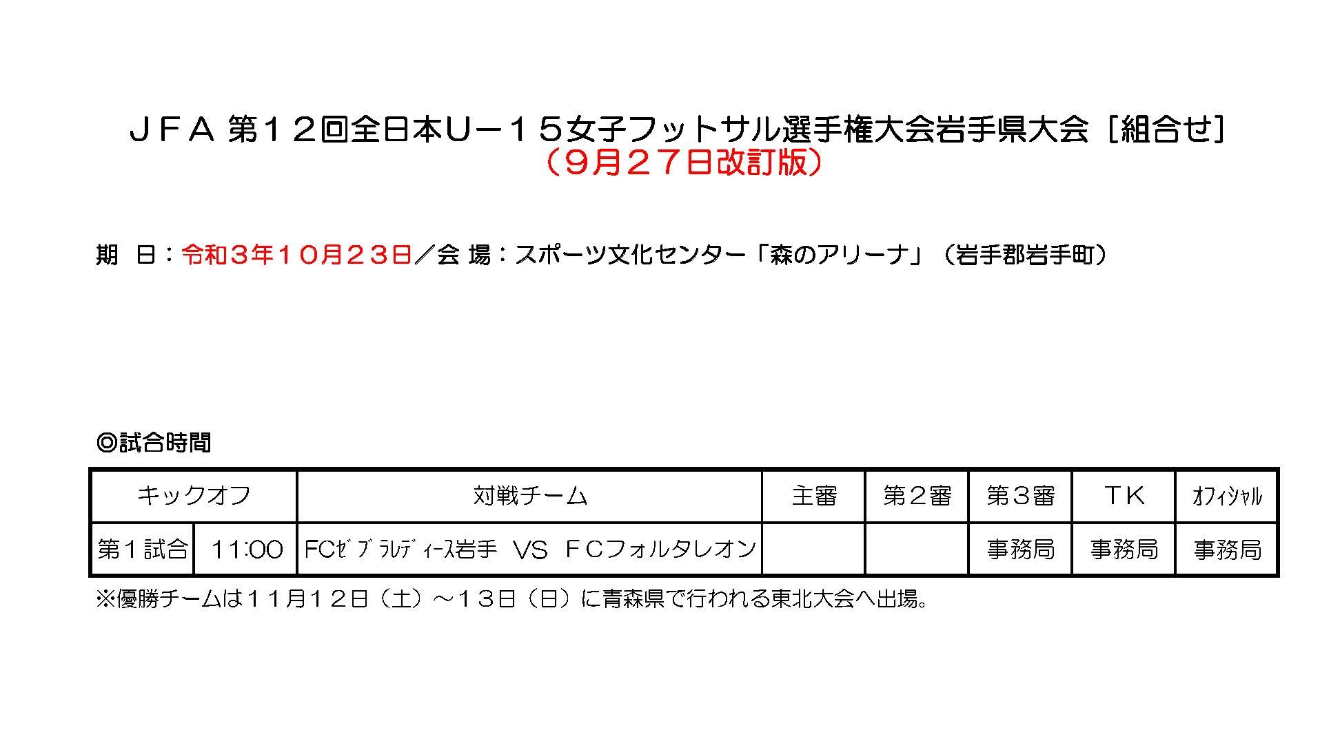 2021年度 Jfa 第12回全日本女子u 15フットサル選手権大会岩手県大会結果掲載 ジュニアサッカーnews