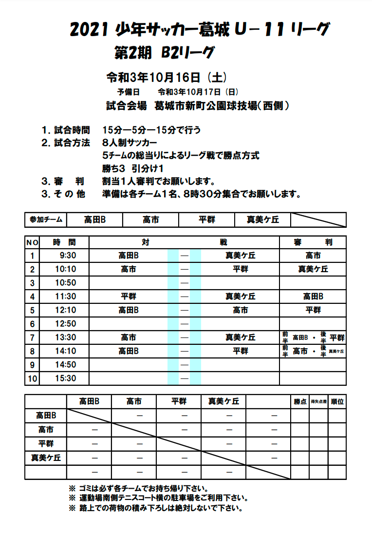 21年度 葛城サッカー連盟u 11リーグ 第2期 奈良県 9 26判明分結果 次戦は10 16 17 未判明分の情報提供お待ちしています ジュニアサッカーnews